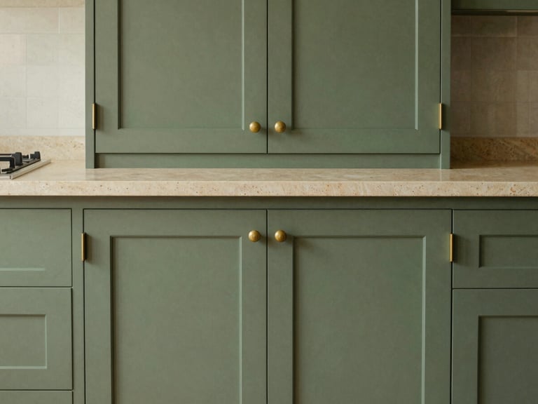 Straight-on detail shot of hand-painted forest green in-frame kitchen cabinets, solid brass hardware, natural stone worktop, soft daylight, warm editorial interior photography, 35mm
