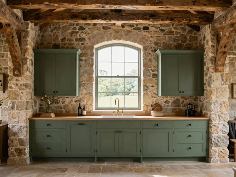 Straight-on architectural elevation of a bespoke forest green kitchen in a high-ceilinged stone barn, soft natural light streaming through a tall arched window, highlighting hand-painted cabinetry and original timber beams.