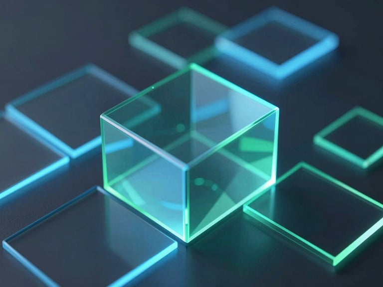 Abstract 3d render of glowing geometric glass panels overlapping with neon blue light, dark charcoal background, shallow depth of field