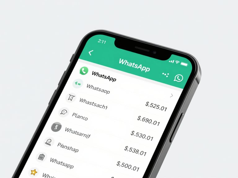 Close-up of a smartphone screen showing a WhatsApp chat interface with technical API logs and product stock levels, bright studio lighting, clean background