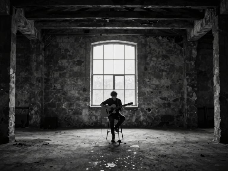 A monochrome wide shot of a live acoustic session in an abandoned stone warehouse, soft window light highlighting dust motes, Guillem playing guitar in the center, minimalist composition.