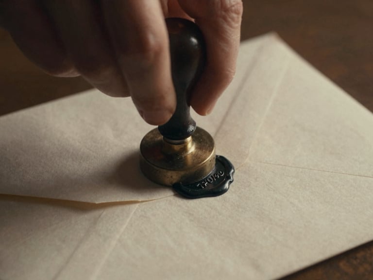 Close-up of a hand carefully sealing a dark charcoal wax stamp on a heavy cotton envelope, warm champagne highlights, soft chiaroscuro ambient light, 35mm film grain