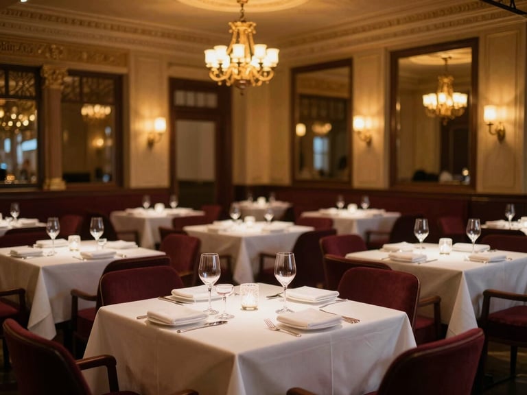 Wide shot of an empty, elegant fine dining restaurant, tables meticulously set with crisp white linen and crystal, warm golden ambient lighting from chandeliers, architectural details, shallow depth of field, 35mm