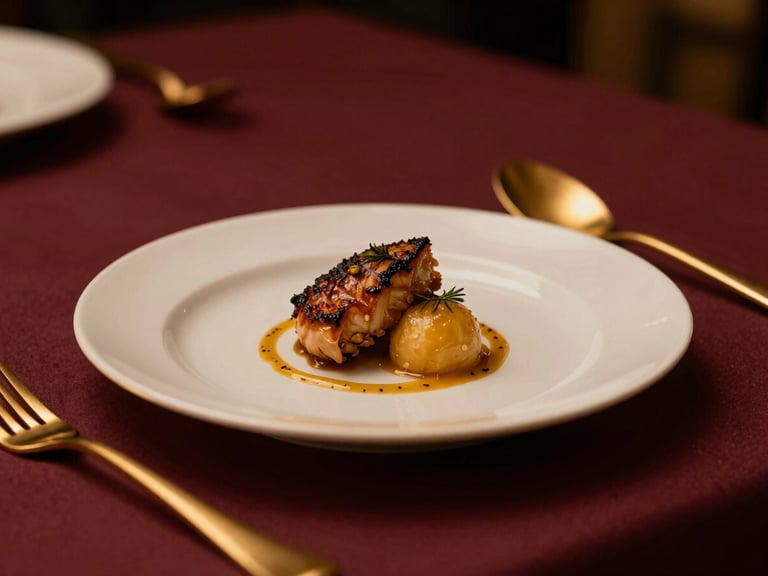 Beautifully plated signature dish with warm, low-key golden hour light, shallow depth of field, gold cutlery, rich maroon table setting, 35mm.