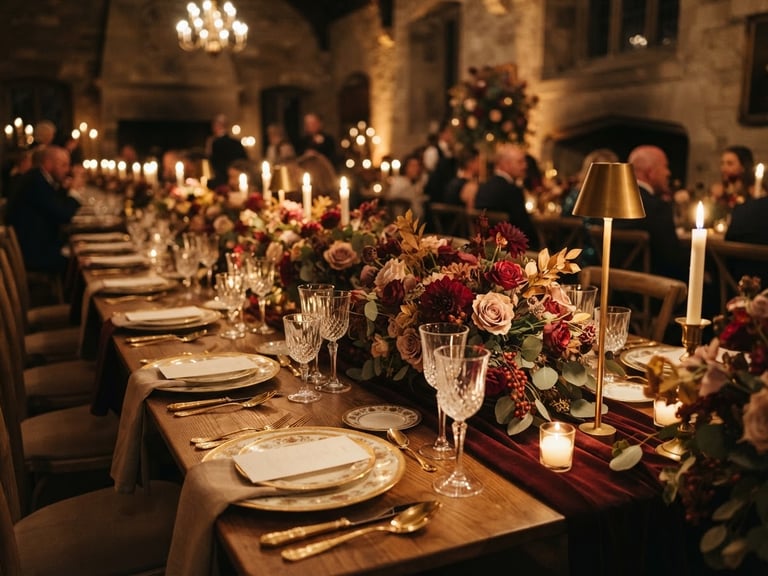 Wide shot of a beautifully set banquet table with golden cutlery and maroon floral arrangements under warm, low-key ambient lighting, shallow depth of field, 35mm