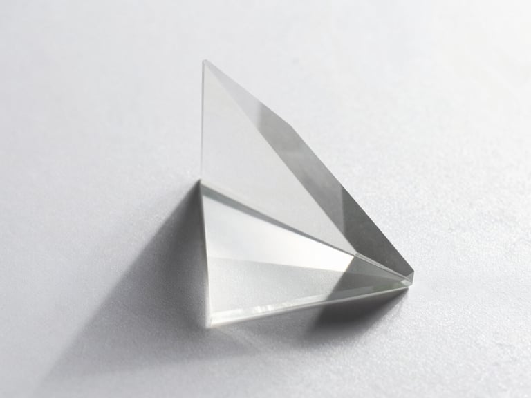 Macro detail of an abstract glass prism refracting clean white daylight on a matte silver surface, sharp geometric shadows, minimalist tech aesthetic