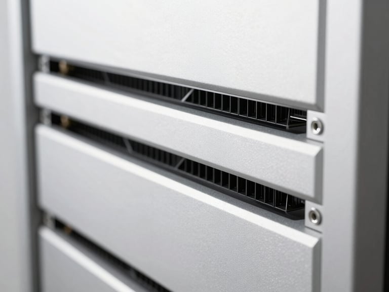 Close-up of a high-end server interface with clean silver lines and sharp geometric shadows, bright high-key daylight, minimalist architectural perspective