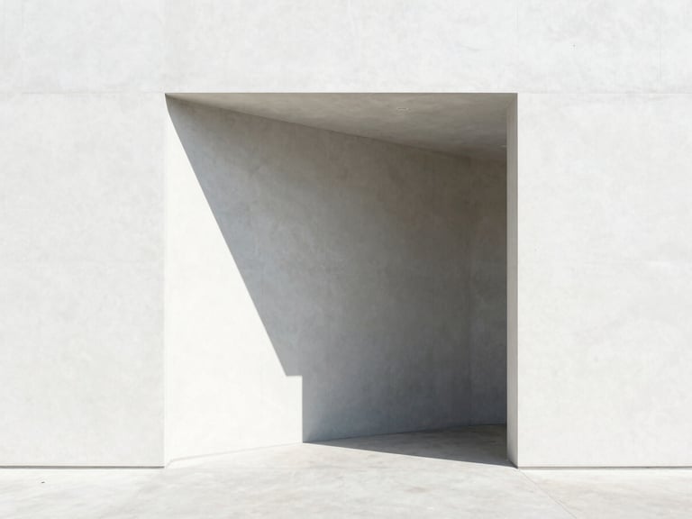 Minimalist concrete architectural structure with sharp geometric shadows, bright high-key daylight, clean white and silver tones, 35mm lens