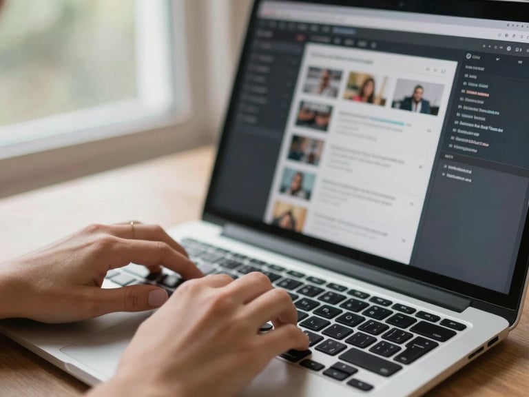 Close-up of a woman's hands on a laptop keyboard, screen showing a programmatic ad platform with live campaign metrics, shallow depth of field, natural daylight from a nearby window, sharp and focused, documentary realism