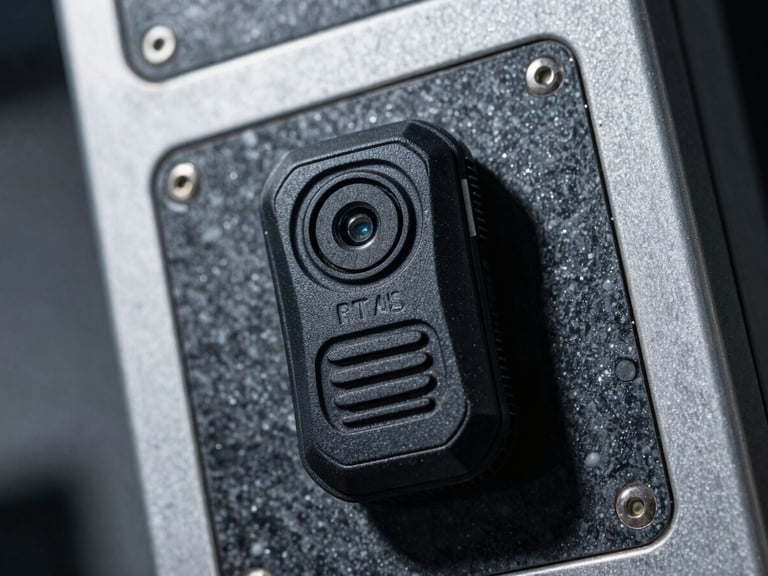 Close-up of a ruggedized RTLS beacon attached to mining equipment, high-contrast industrial lighting, cool tones.