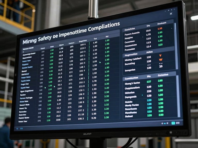 Digital dashboard displaying mining safety compliance metrics and audit trails, data visualization, high-contrast technical screen.