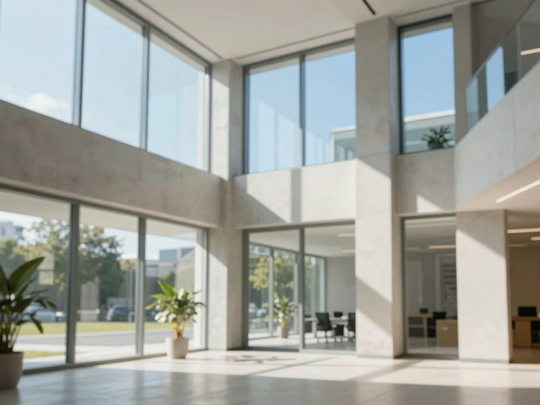 Bright editorial photography of a modern sun-drenched architectural office space, clean concrete walls, large windows, shallow depth of field.