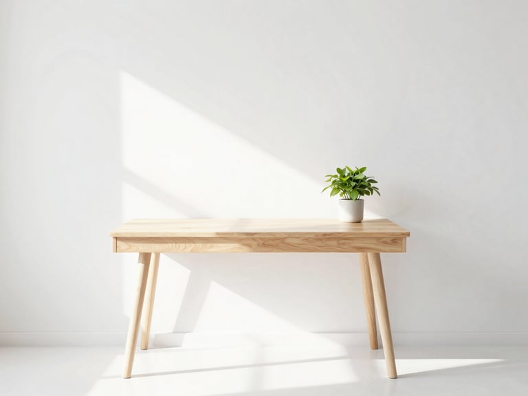 Bright, airy Florida workspace with soft morning daylight, a minimalist wooden desk, a single green plant, and clean negative space, high-key editorial style.