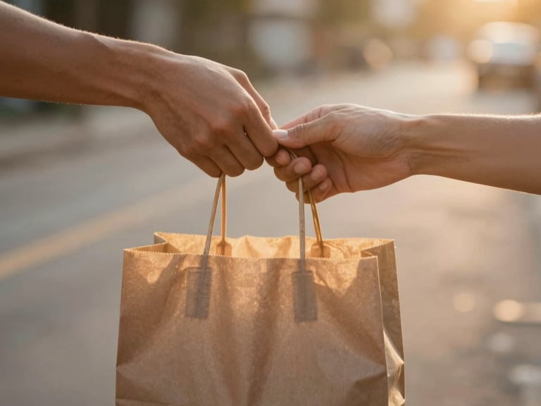 Warm shot of a hand passing a grocery bag to another hand, emphasizing direct resource exchange, soft golden-hour light, shallow depth of field.