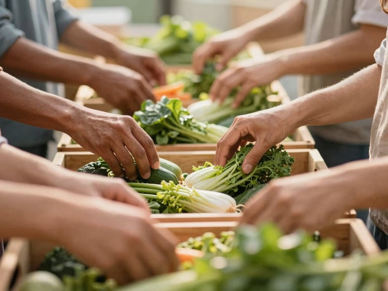 Close-up of diverse hands sorting fresh vegetables into boxes, natural light, focus on active service and community, shallow depth of field.