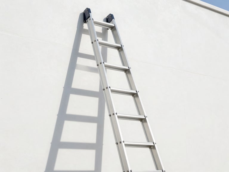 Low-angle architectural shot looking up at a pristine aluminum industrial extension ladder leaning against a clean white concrete wall, sharp midday daylight, clean shadows, technical precision