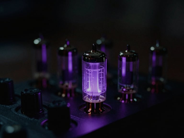 Macro photography of a vacuum tube glowing violet inside a dark analog compressor, deep shadows, cinematic 35mm film grain
