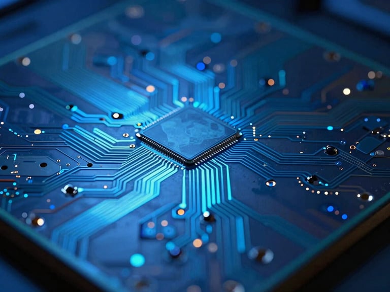 Macro focus on silicon wafer circuits with electric blue and cyan light reflections, technical precision, 35mm
