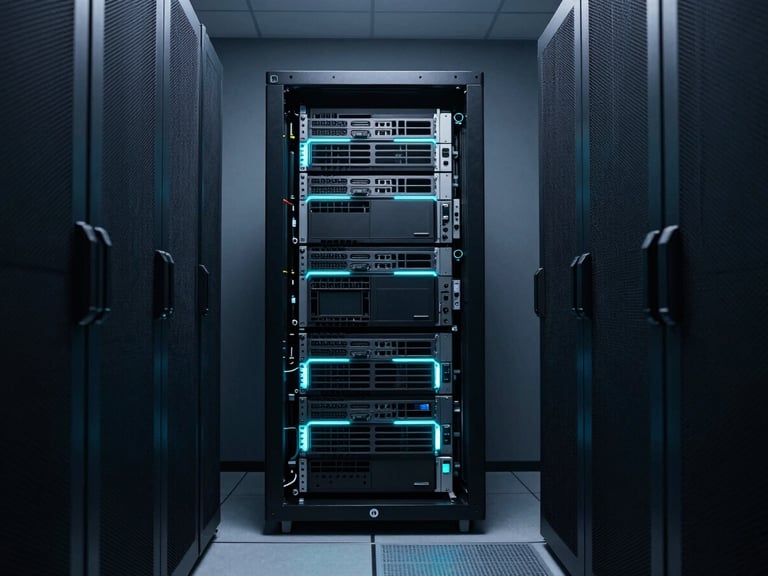 Symmetrical environmental shot of a modern clean enterprise server room, cool-toned low-key studio lighting with sharp cyan rim lights, 35mm
