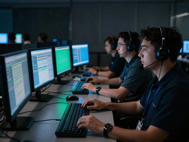 Low-key, high-contrast shot of a master control room, glowing monitors casting blue and green light on focused crew members wearing headsets.