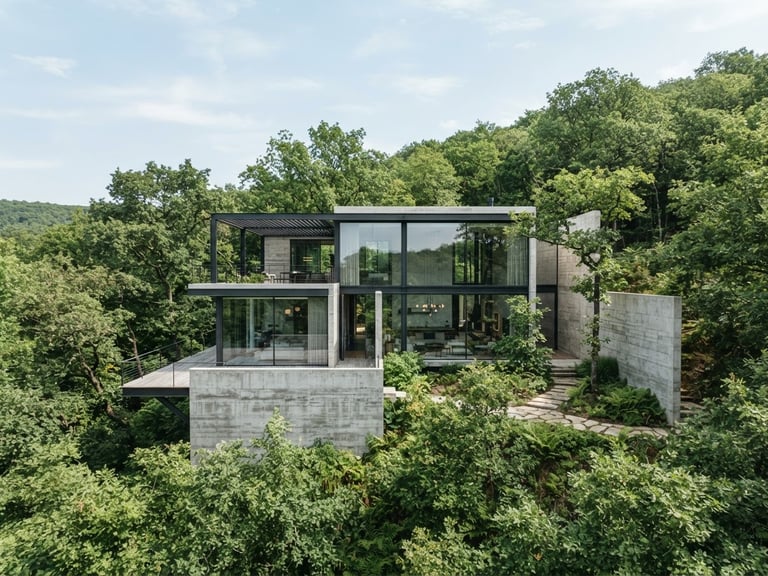 Elegant architectural photography of a minimalist concrete and glass villa, bright natural daylight, soft blue sky with light clouds, lush green forest surroundings, 35mm.