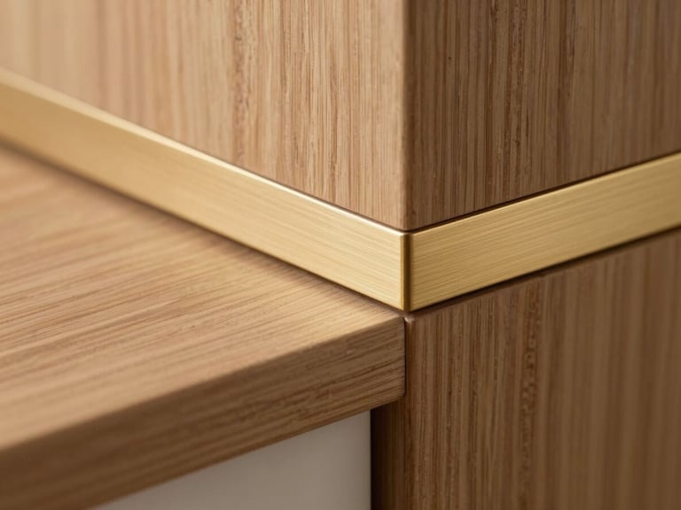Close-up architectural detail of a custom wooden joint and brushed champagne-gold inlay, warm natural side lighting, precise craftsmanship