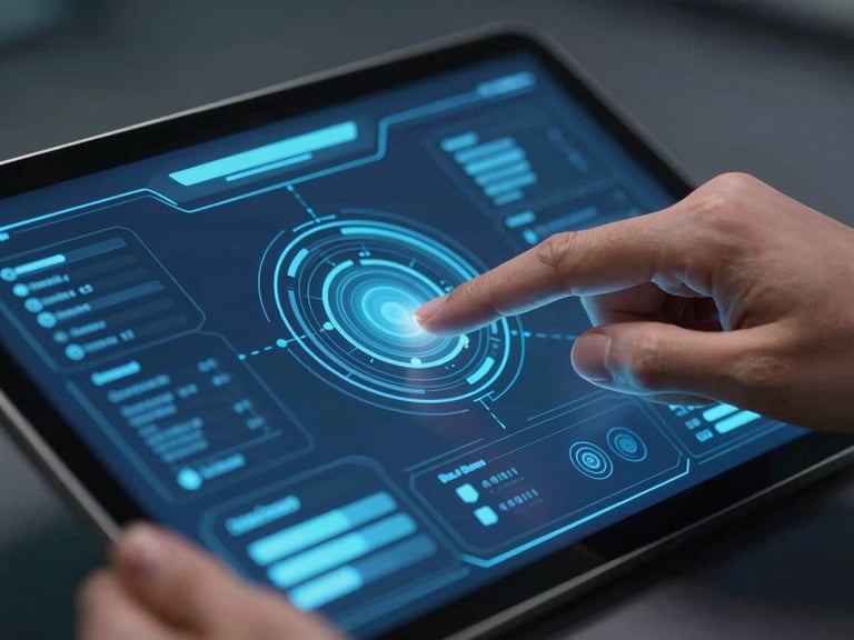 Close-up of a hand interacting with an AI dashboard on a tablet, futuristic interface, cool blue light, professional tech aesthetic.