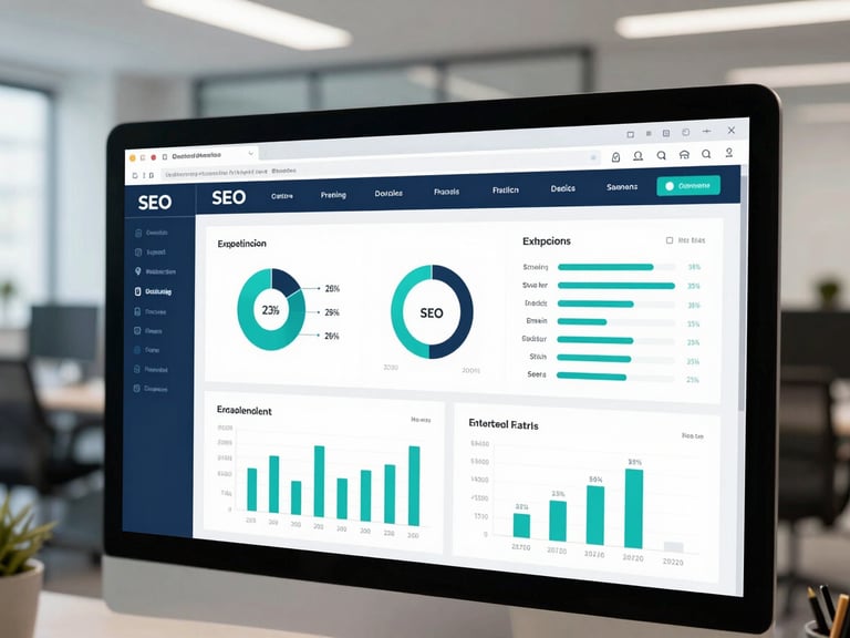 Screen displaying a complex SEO analytics dashboard with graphs and keywords, blurred background of a modern office, sharp focus, professional tech aesthetic.