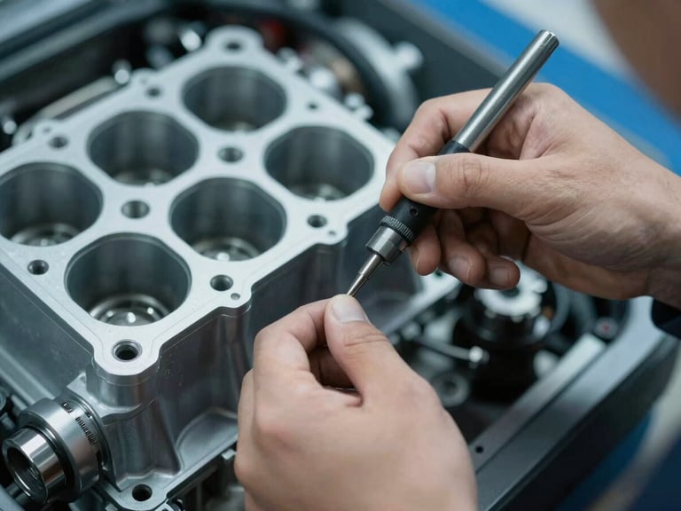 Close-up of a technician's hands making a precise adjustment to a clean engine component with a specialized tool, cool clinical lighting, desaturated slate and electric blue tones, sharp focus, 35mm.