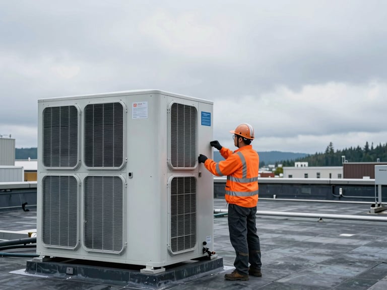 Technician inspecting a large commercial HVAC unit on a rooftop, Pacific Northwest overcast daylight, industrial editorial photography, cool slate and safety orange tones, sharp focus, 35mm.