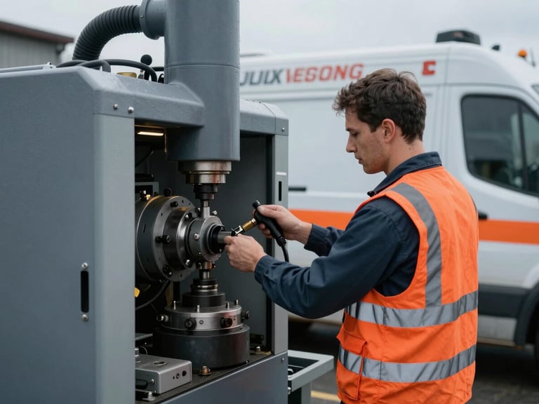 Technician performing routine maintenance on a large industrial machine, fully branded service vehicle visible in the background, crisp outdoor lighting, industrial editorial photography, cool slate and safety orange tones, sharp focus, 35mm.
