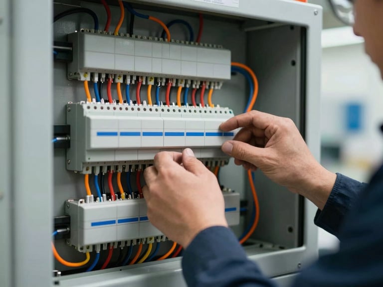 Close-up of a technician's hands working on an electrical control panel, wires and circuits visible, clean indoor utility room lighting, industrial editorial photography, cool slate and safety orange tones, sharp focus, 35mm.
