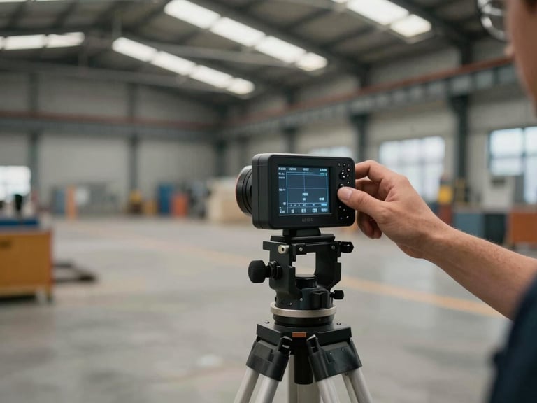 Close-up of a technical operator calibrating a digital laser receiver on a tripod, industrial warehouse concrete pouring in the background under dramatic steel-frame lighting.