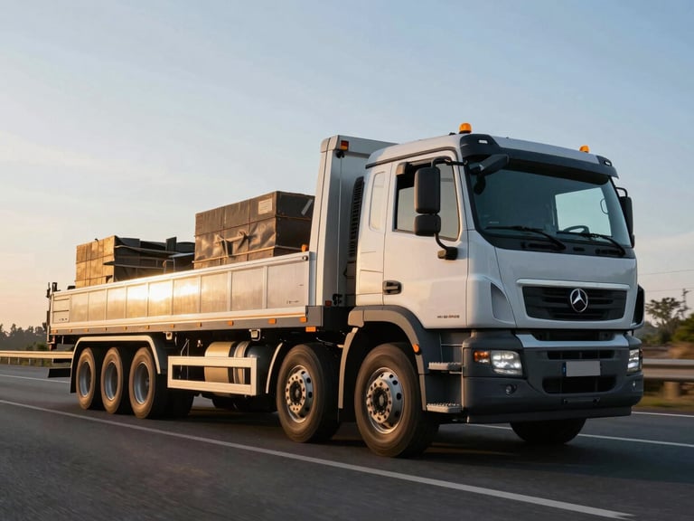 Low-angle shot of the side of a clean, well-maintained flatbed truck driving on a highway, carrying construction materials, dramatic early morning sunlight, sharp details, industrial editorial photography.