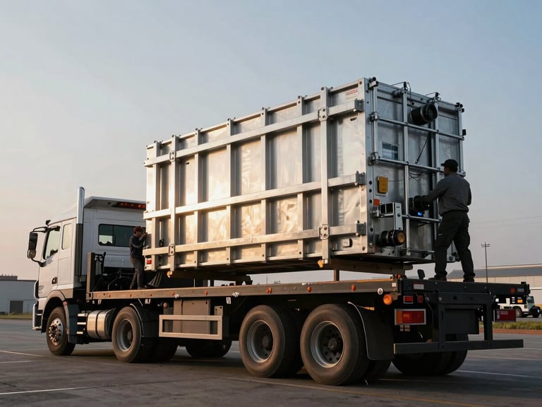 Wide shot of a heavy-duty flatbed truck with a single driver securing oversized industrial equipment at dawn, high-contrast metallic tones, 35mm lens, industrial editorial photography.
