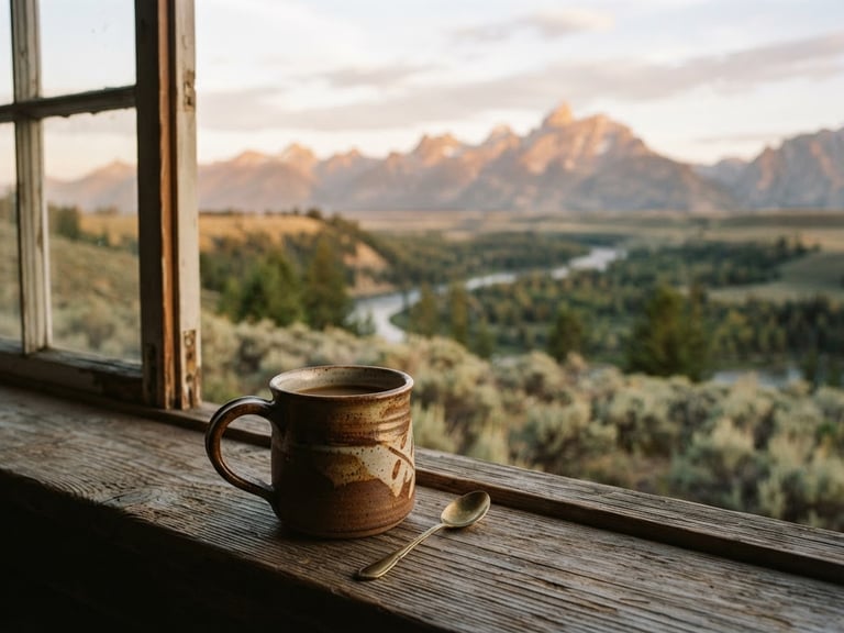 Rugged Wyoming landscape at golden hour, a single ceramic coffee mug in the foreground on a wooden surface, soft morning light, rich earthy tones, shallow depth of field, 35mm film style