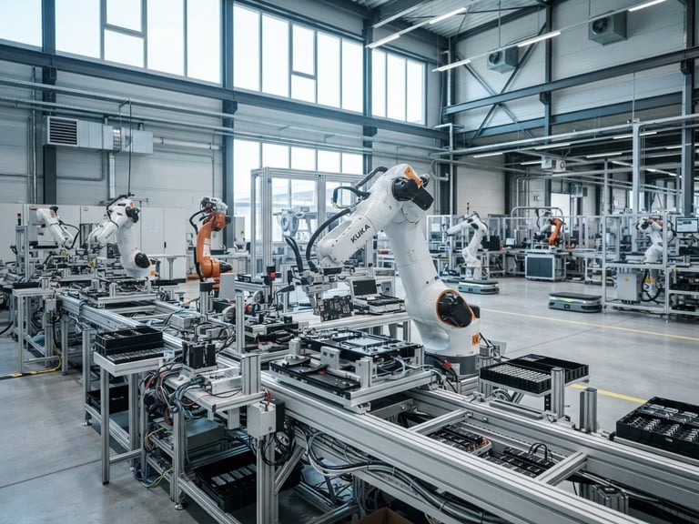 High-precision automated factory floor with robotic arms assembling components, bright natural daylight, crisp cool tones, 35mm architectural lens