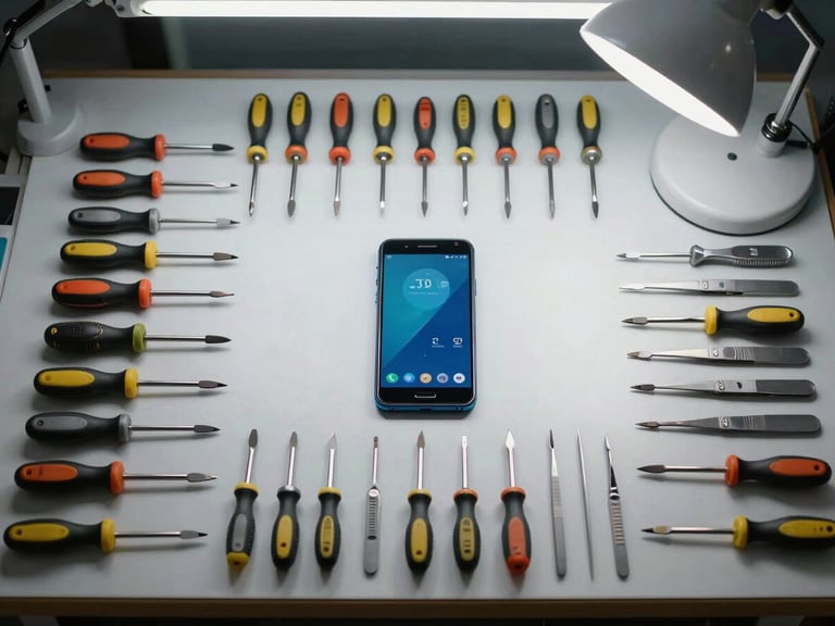 Wide-angle overhead view of a professional mobile repair workshop bench, precision screwdrivers, spudgers and tweezers laid in a neat row, a disassembled mid-range Android phone at center, clean organized surface under north-facing daylight and a bench lamp, no clutter