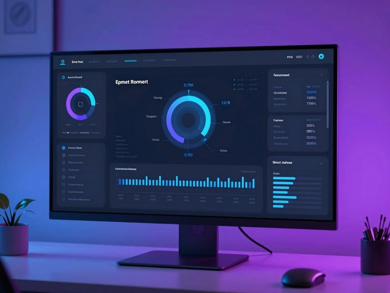 Sleek dark-mode technology mockup of a modern business dashboard on a screen, glowing electric blue and purple ambient lighting, high-tech workspace, 35mm lens