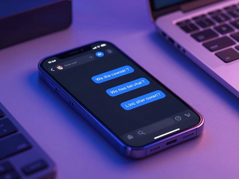 Close-up of a smartphone displaying a clean chat interface, glowing neon blue light, modern office desk background