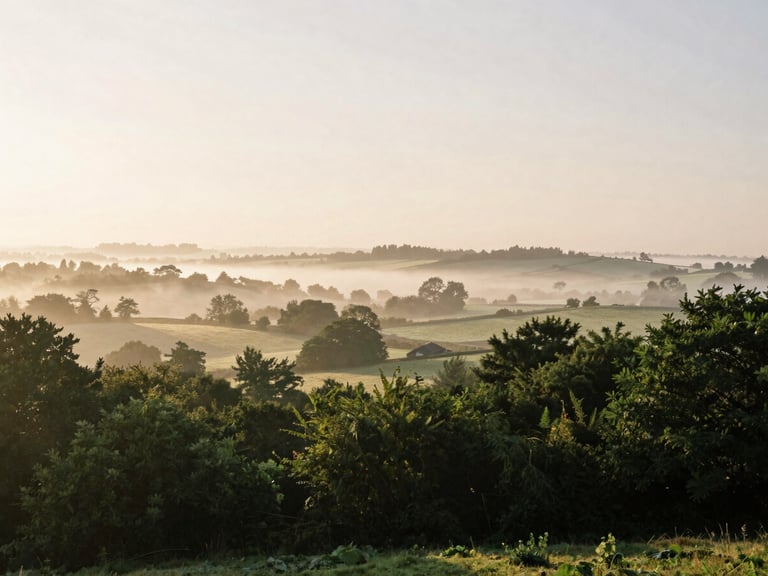 An atmospheric view of a misty Kentish valley at dawn, soft golden hour light, quiet and expansive landscape, editorial photography.