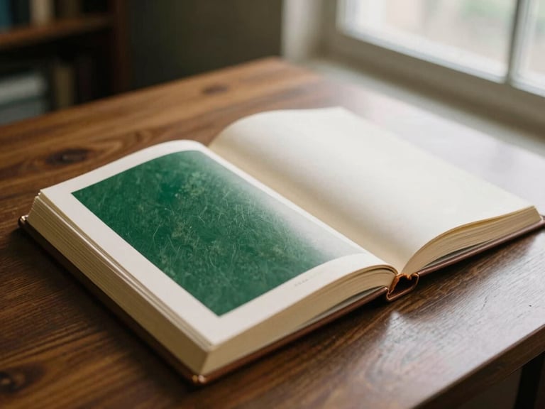 A leather-bound brand archive book open on a dark oak desk, warm side lighting, shallow depth of field, 35mm film look.