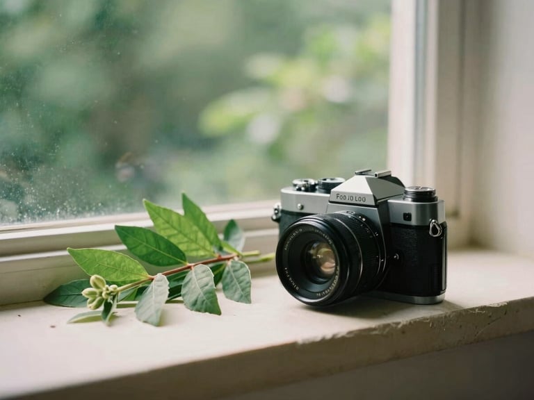 A vintage camera resting beside fresh botanicals on a limestone ledge, soft morning light, rich green tones, editorial style.