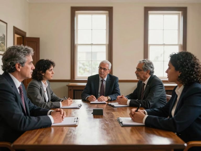 Reunião de articulação institucional em uma sala histórica bem iluminada, profissionais conversando de forma engajada ao redor de uma mesa de madeira, luz natural vinda de grandes janelas.