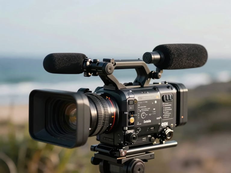 Detalhe de câmera de vídeo profissional e microfone de lapela posicionados para entrevista jornalística ao ar livre, com o mar da Costa Verde desfocado ao fundo, luz da manhã.