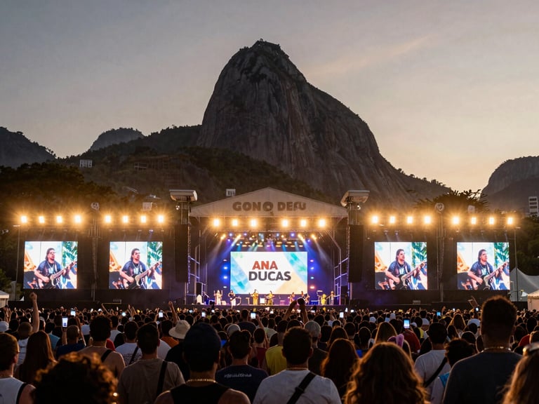 Grande festival de música ao ar livre em Angra dos Reis, palco iluminado sob o céu do crepúsculo, multidão entusiasmada em silhueta, montanhas ao fundo, fotografia documental de grande escala.