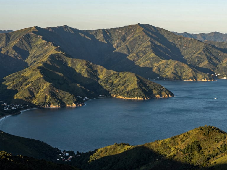 Wide panoramic view where the green mountains of Minas Gerais meet the deep blue sea of the Costa Verde, warm morning sun casting long shadows, poetic and clean composition.