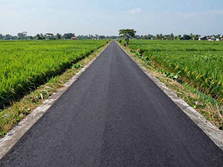 Wide environmental landscape of a newly paved concrete agricultural road cutting through lush green rice fields in an Indonesian village, bright daylight, clear sky.
