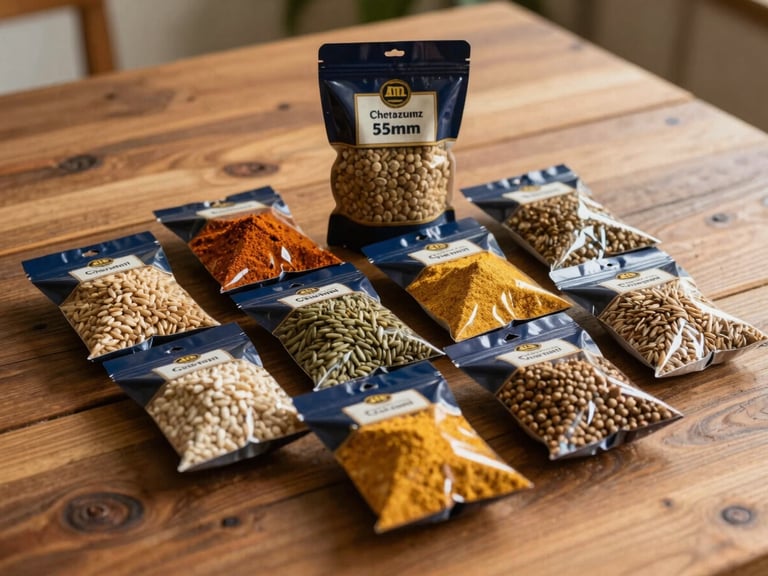 High-quality packaged traditional Indian spices and stone-ground grains arranged elegantly on a rustic wooden table, warm golden hour light, professional and authentic, 35mm