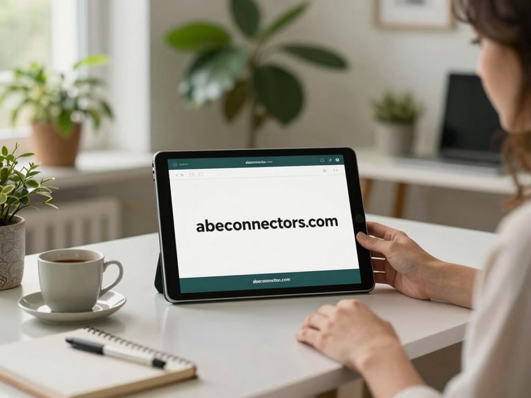 Hands arranging physical brand assets next to an iPad showing abeconnectors.com, cozy Scandinavian office interior, soft natural daylight.